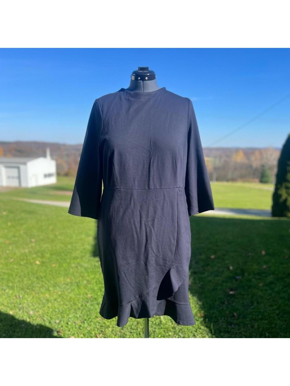 J.Jill A-Line Swing Dress Black Ocean Pima Cotton Modal Pockets 3/4 Sleeve
